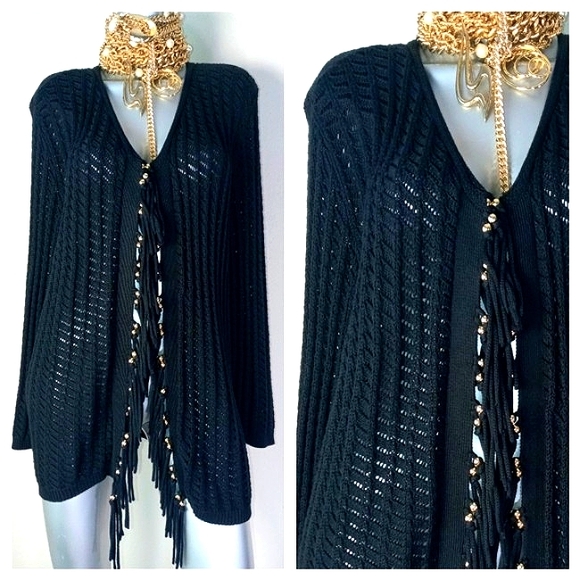 FRINGE & BEADS Open Front Boho "SAMANTHA GRAY" Loose Knit Cardigan - Picture 5 of 12